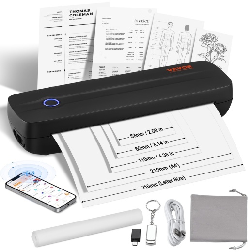 Vevor Portable Thermal Printer - 2600Mah Battery, 300 Dpi, Bluetooth Inkless Mobile Printer For A4, A5 & 8.5" X 11" Thermal Paper, Compatible With Ios, Android & Laptop, For Travel, Office & Home Use