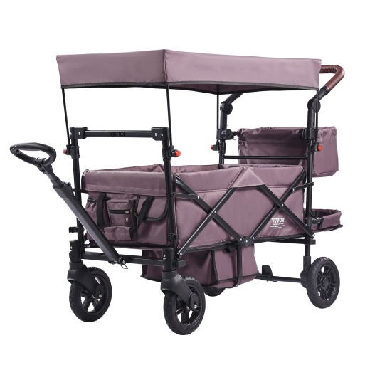 Vevor Wagon Stroller For 2 Kids, Push Pull Quad Collapsible Stroller With Adjustable Handle, Encircling Harness Removable Canopy,4 Wheels W/ Brakes,Mutifunction Tandem Stroller For Camping Dark Purple