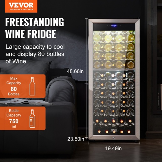 Vevor 80-Bottle Wine Cooler Dual Zone Freestanding Refrigerator Led Light Lock