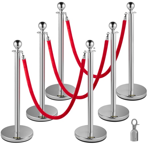 Vevor 6Pcs Red Rope Stanchion Silver Post Crowd Control Queue Line Barrier