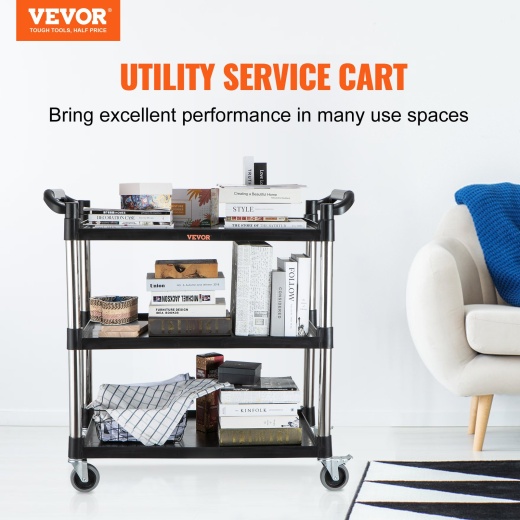 Vevor Utility Service Cart With Wheels 3-Tier Food Service Cart 220Lbs Capacity