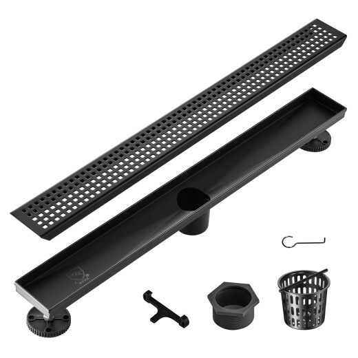 Vevor 24-Inch Linear Shower Drain with Square Pattern Grate and Hair Strainer