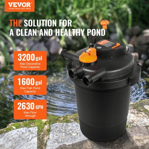 Vevor Bio Pressure Pond Filter, Up to 3200 Gallons, with 13W UV-C Light, 2630 GPH