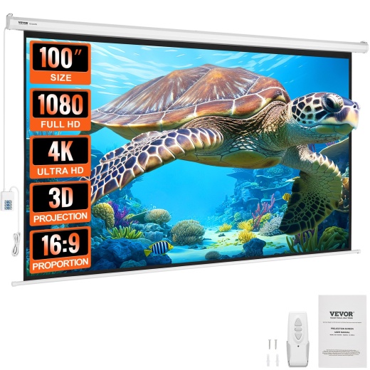 VEVOR Motorized Projector Screen 100 Inch, 16:9 4K 1080 HD Automatic Projection Screen