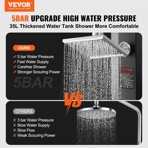 Vevor Outdoor Solar Heated Shower - 9.25 Gallon Poolside Shower Kit