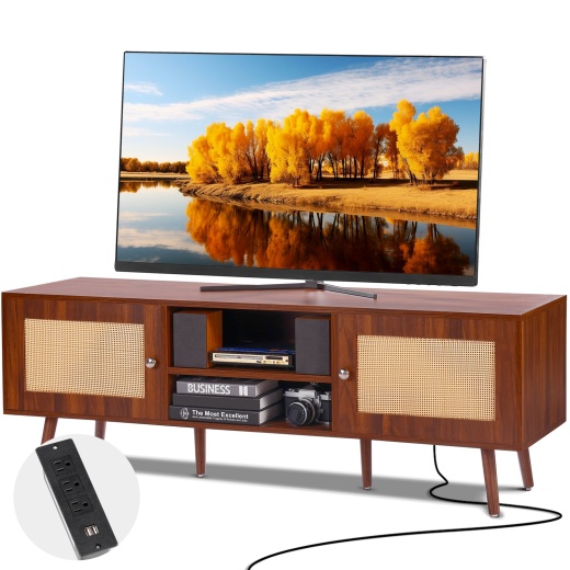 Vevor Rattan TV Stand - Mid Century Modern TV Cabinet for 65 Inch TV