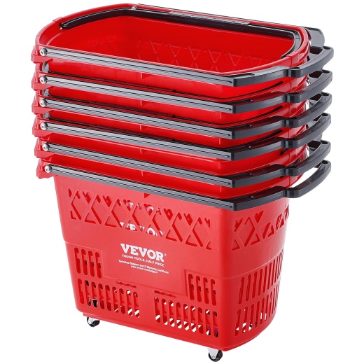 Vevor Plastic Rolling Shopping Trolley Basket on Wheels - 6Pcs 39L with Handle Red