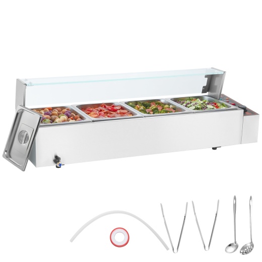 Vevor Commercial Electric Food Warmer Countertop Buffet 4*8Qt With Glass Shield