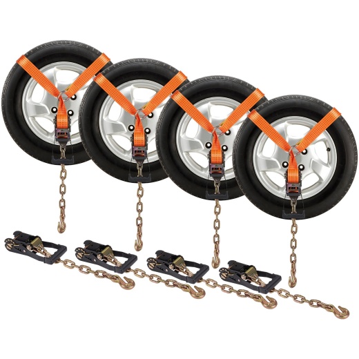 Vevor Car Tie Down with Chain Anchors, Lasso Style 2"×120" Tire Straps, 5865 LBS Working Load, 11023 LBS Breaking Strength, for Passenger Car, ATV, SUV, UTV, Truck, 4-Pack