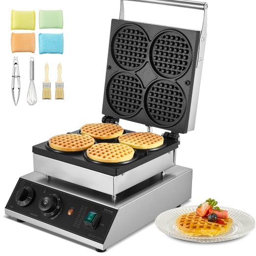 Vevor 4Pcs Commercial Waffle Maker Round Waffle Iron Machine 1750W Non-Stick