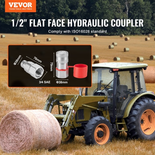 Vevor 1/2" Flat Face Hydraulic Couplers - Reliable Quick Connect Couplers for Skid Steer Applications