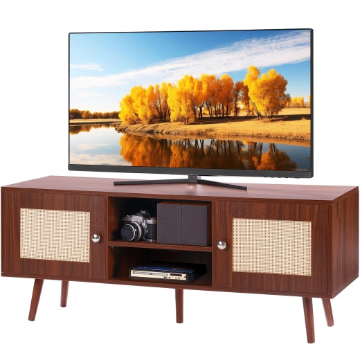 Vevor Rattan TV Stand, Boho TV Cabinet for 55 Inch TV, Mid Century Modern TV Stand with Adjustable Shelves
