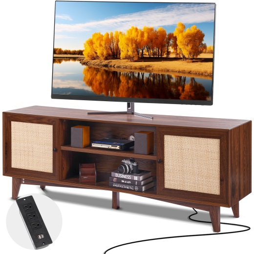 Vevor Rattan TV Stand for 75In TV - Boho TV Stand with Rattan Door, Entertainment Center with Build-In Socket, Storage Cabinet with 2 Shelves