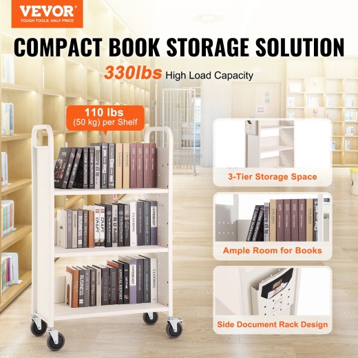 Vevor Book Cart - 330 Lbs Library Cart with Lockable Wheels