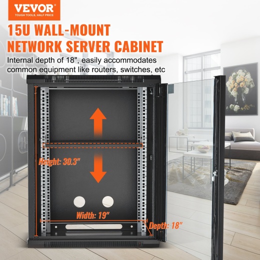 Vevor 15U Wall Mount Network Server Rack Cabinet Enclosure 18'' Glass Door Lock