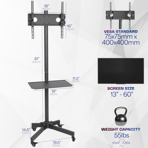 Black TV Cart for 13" to 60" Screens - VIVO STAND-TV04M