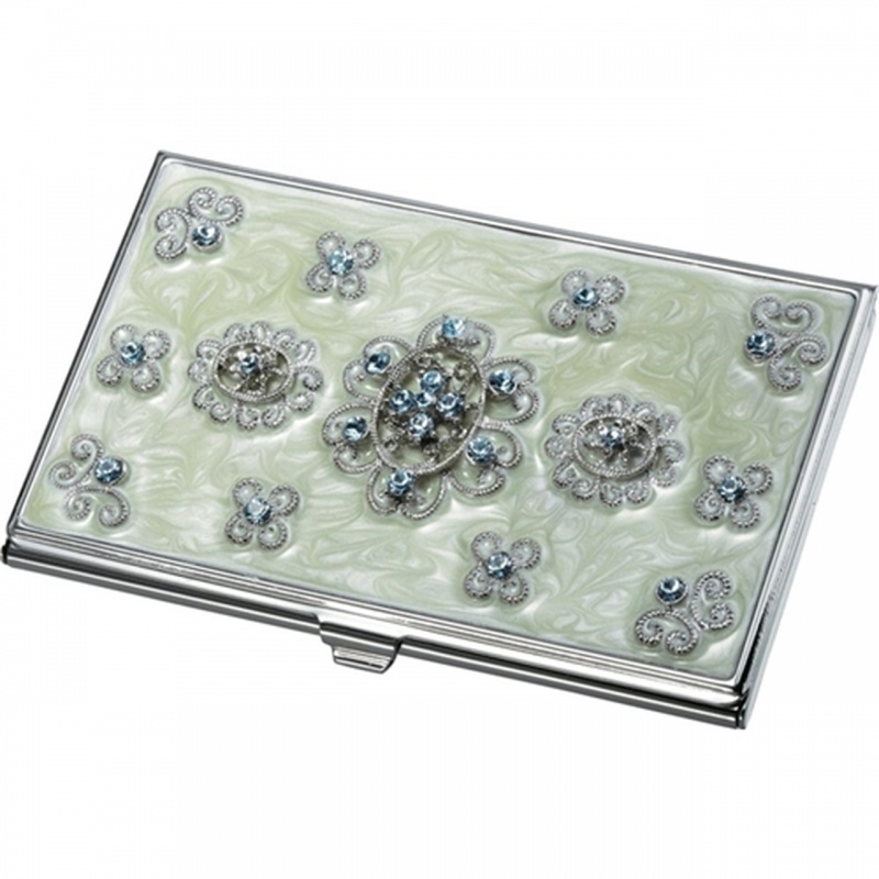 Carmela Light Green Marble And Blue Crystals Business Card Case