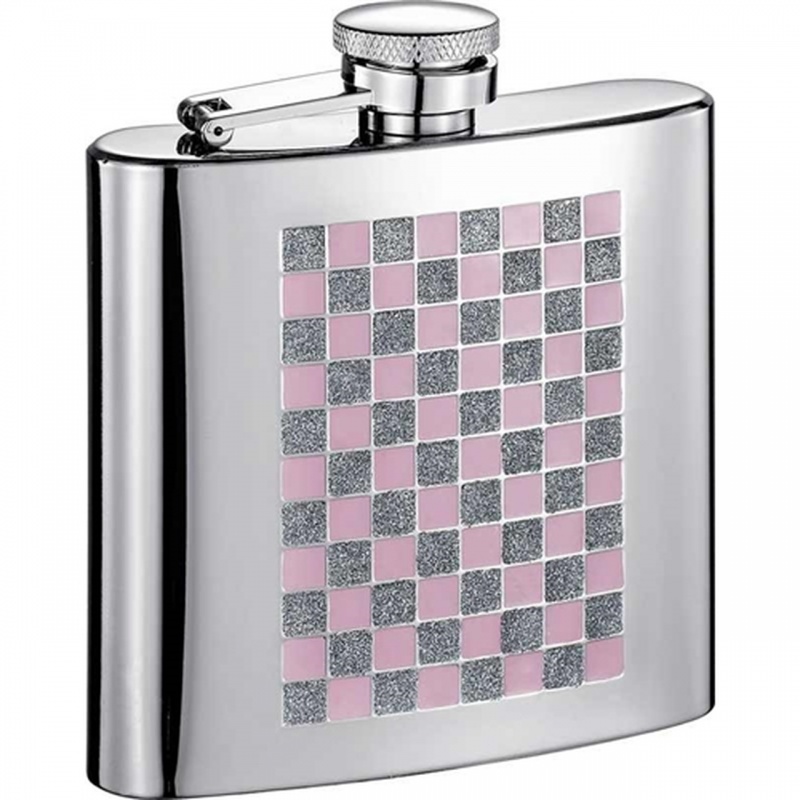 Visol Pink & Sparkles 6Oz Checkered Stainless Steel Hip Flask
