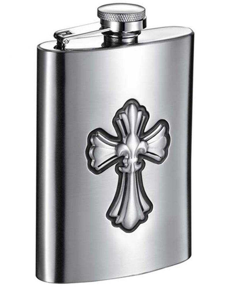 Visol Fleur De Lis Cross 6 Oz Brushed Metal Hip Flask