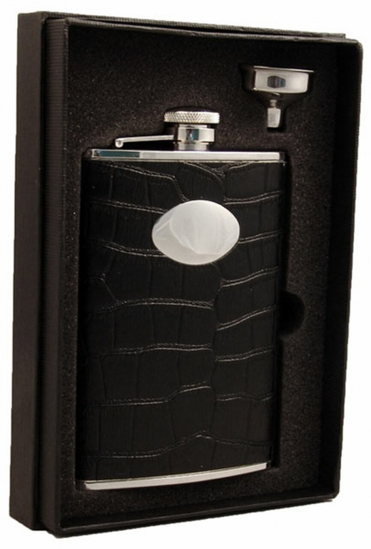 Visol Noir Black Crocodile Leather 8Oz Stainless Steel Flask Gift Set
