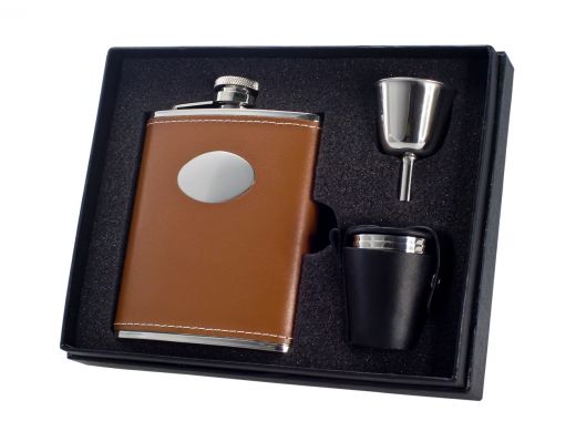 Visol 6 Oz Brown Leather Engravable Stainless Steel Flask Gift Set