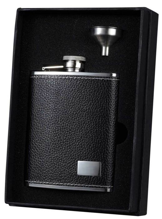 Visol Eclipse S Black Leather Flask Gift Set With Stainless Steel Funnel