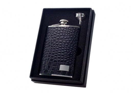 Visol Gator Black Crocodile Leather 8Oz Flask Gift Set