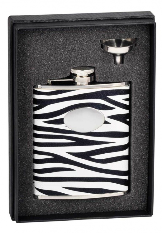 Visol Zebra Black & White Leather Stainless Steel 6Oz Flask Gift Set