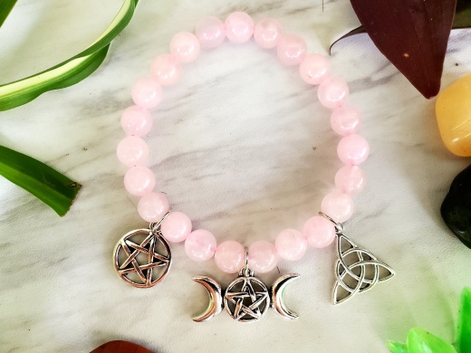 Rose Quartz Bracelet 8Mm with Pentagram/Triquetra/Triple Moon Charm