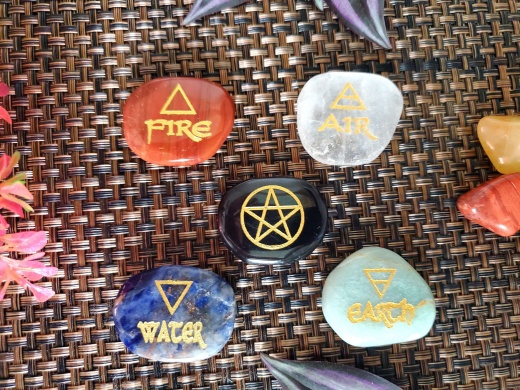 Engraved Worry Elements Stone Set with Pentagram Bag