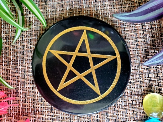 Black Agate Coaster / Altar Tile Charging Plate - Pentagram