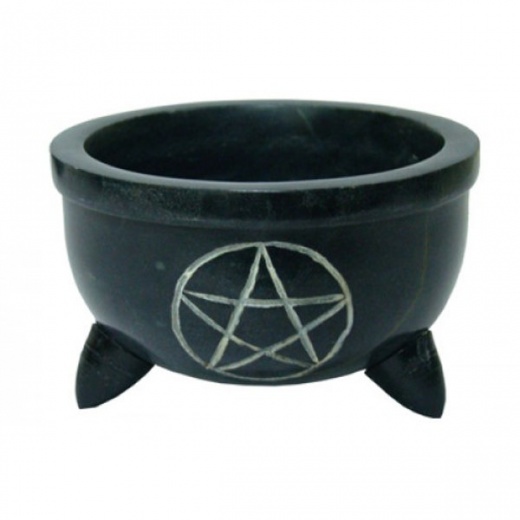 Pentacle Carved Charcoal Burner or Smudge Pot - Black Soapstone Incense Holder