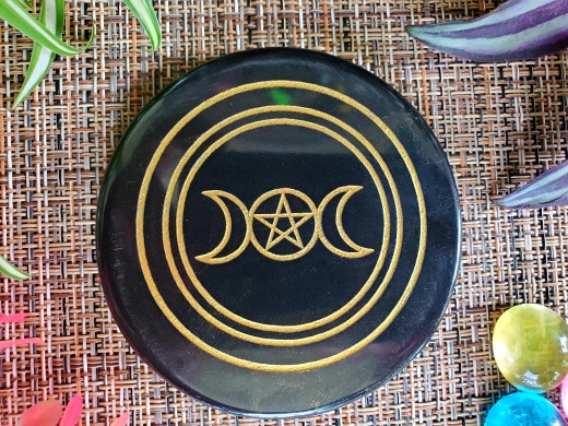 Black Agate Coaster / Altar Tile Charging Plate- Triple Moon