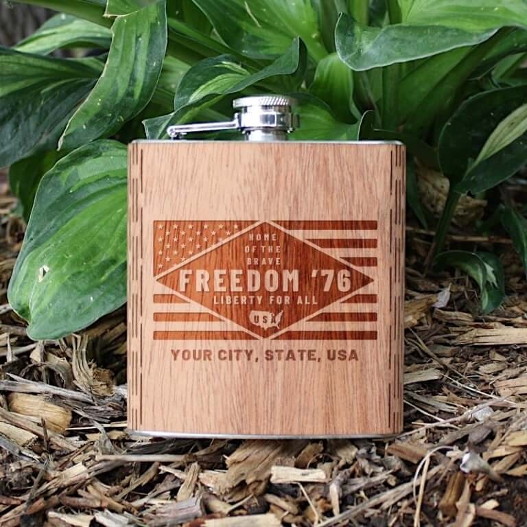 6 Oz. Wooden Hip Flask - Freedom '76 Collection (Customized With Your City & State)