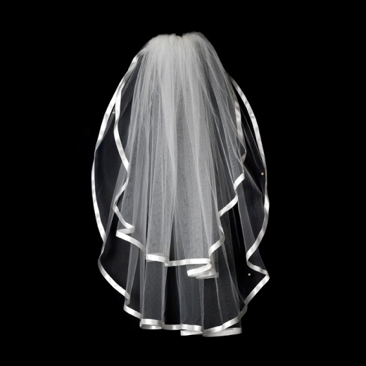 VS E Diamond White Veil - 3/8" Satin Ribbon Edge, 2 Layers Elbow Length Veil (25" x 30")