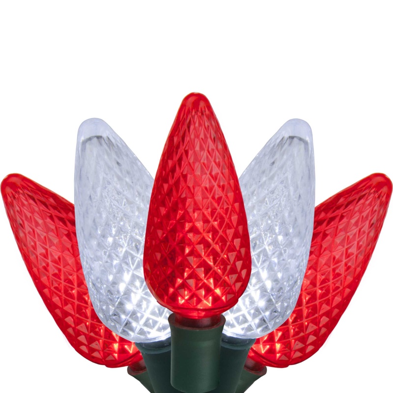 C9 Cool White, Red Led Christmas Lights On Green Wire