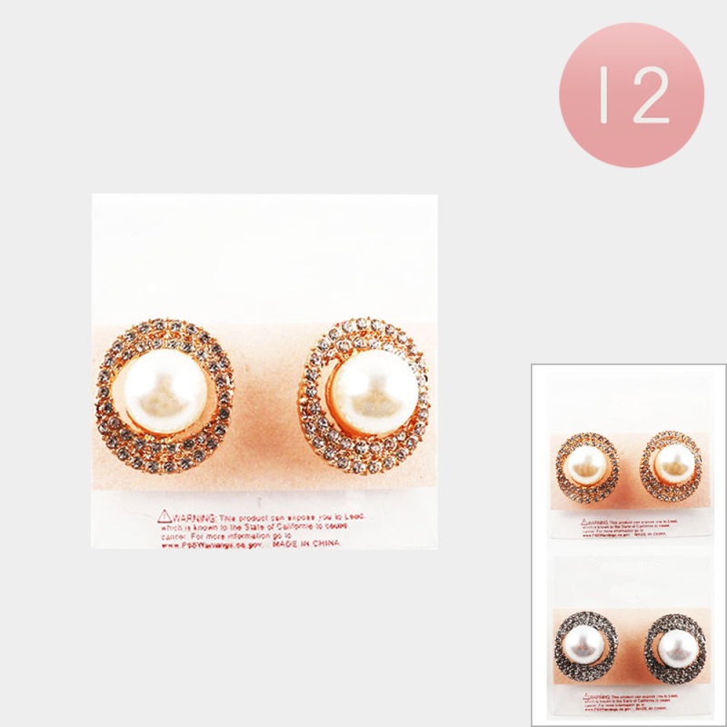 12Pairs - Pearl Centered Rhinestone Trimmed Earrings