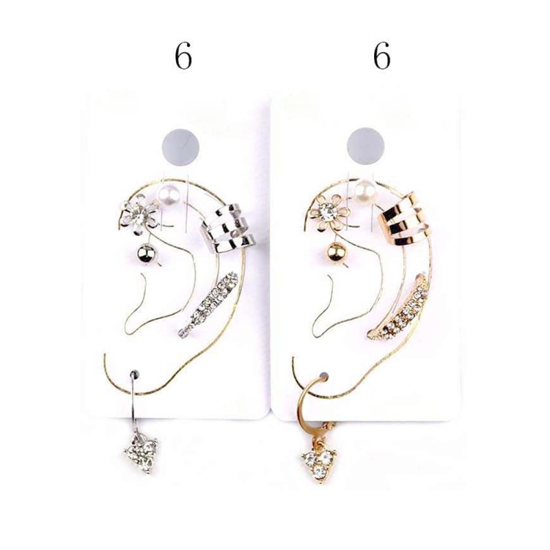 12 Set Of 6 - Flower Pearl Stud Huggies Ear Cuff Earrings