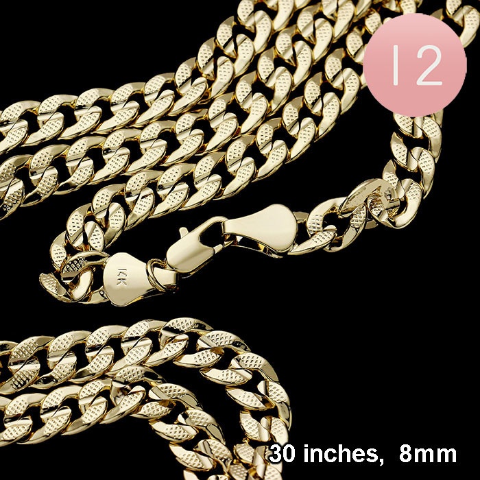 12Pcs - 30 Inch, 8Mm Gold Plated Concave Textured Cuban Chain Necklaces