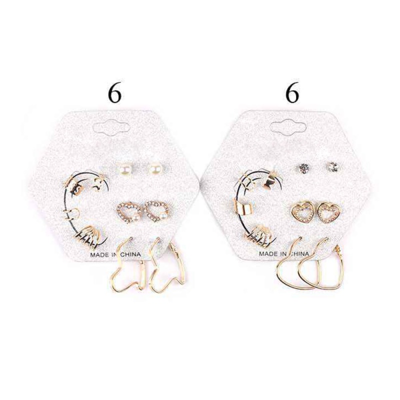12Cards - Round Stone Pearl Heart Earrings / Metal Ear Cuffs Set