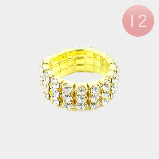 12Pcs 3Rows Rhinestone Stretch Toe Rings - Gold