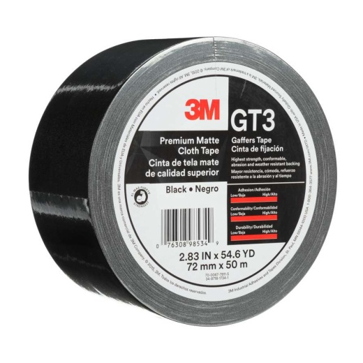3M Premium Matte Cloth (Gaffers) Tape GT3 - Black, 72 mm x 50 m, 11 Mil, 16/Case