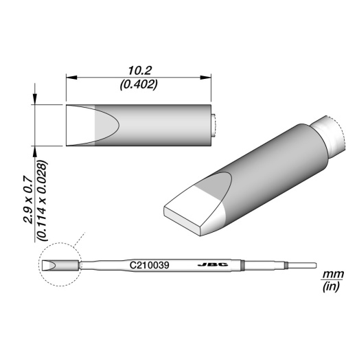 Jbc Tools C210039 Soldering Tip, Chisel, Cartridge, 2.9Mm X 0.7Mm Width - C210 Series